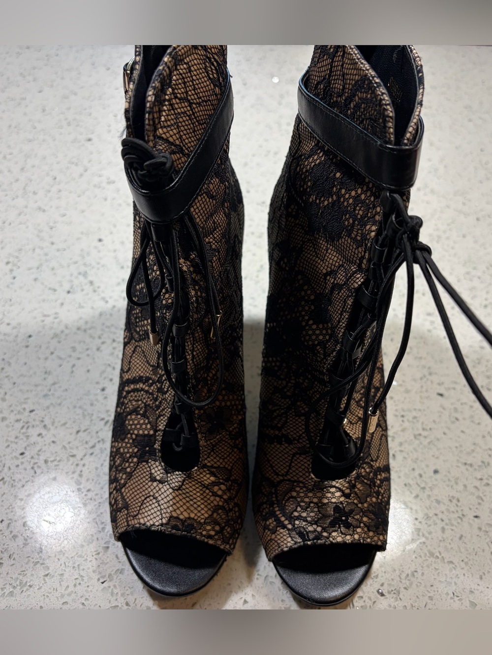 Lace Overlay Peep-Toe Stiletto Booties in Nude/Black - Picture 3 of 5